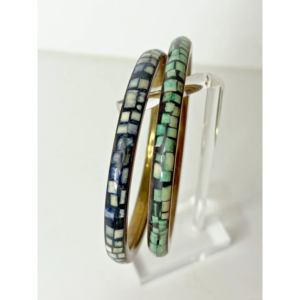Mosaic Inlay Stone Tile Bangle Bracelet Pair Brass Tone Green Cream Southwestern
